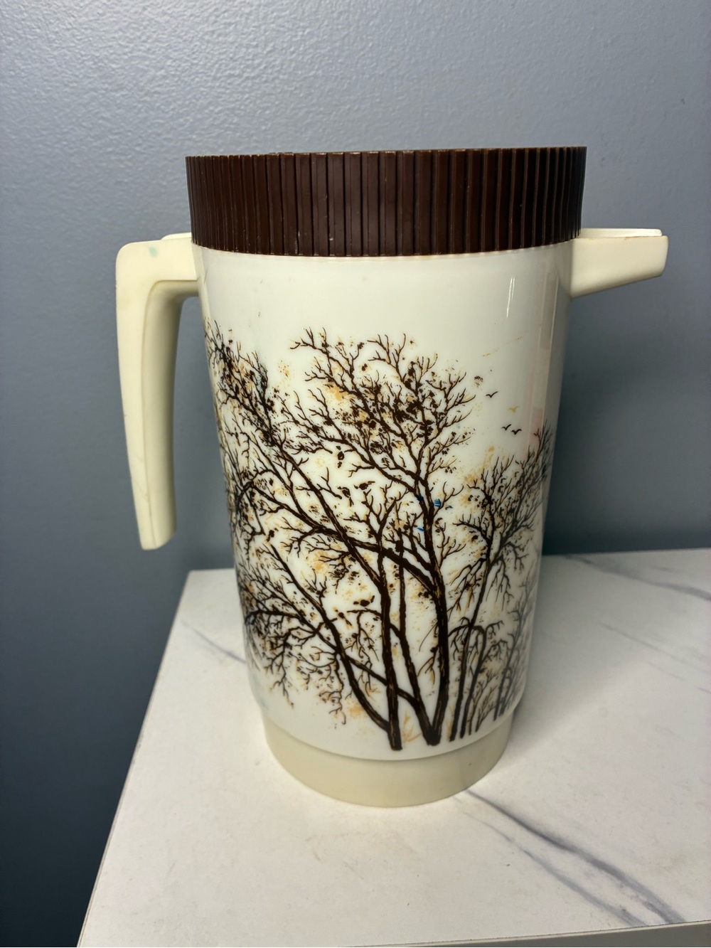 1970s Aladdin Ware No. 308 Thermal Pitcher Carafe Woodland Trees 2.75 Qt